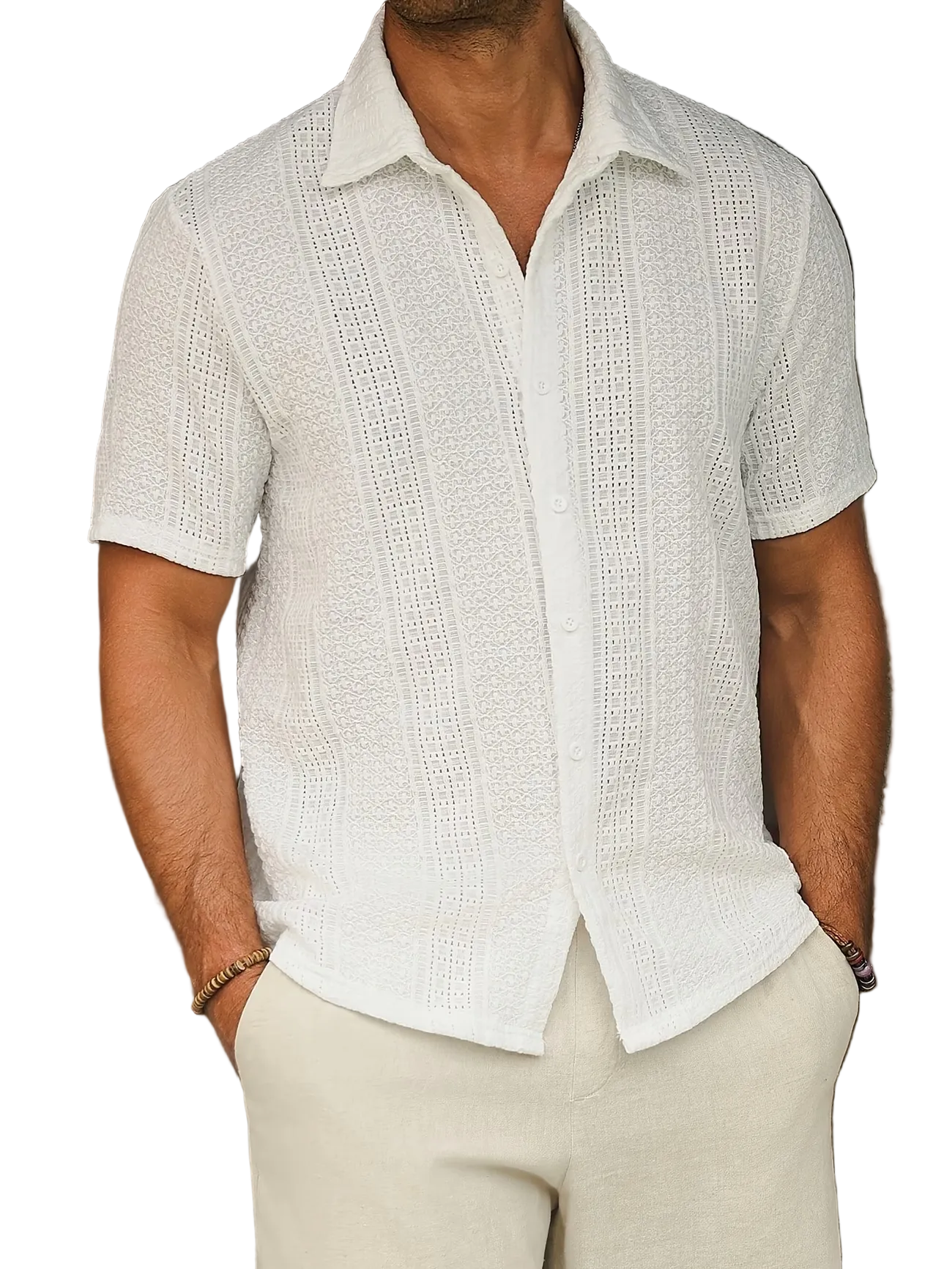 Men's Button-Down Shirt with Textured Stripe Pattern