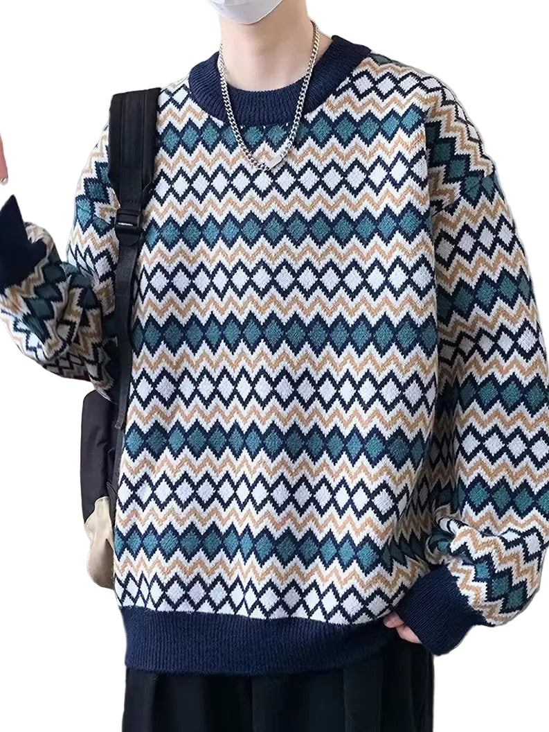 Men's Crewneck Sweater with Geometric Knit Pattern