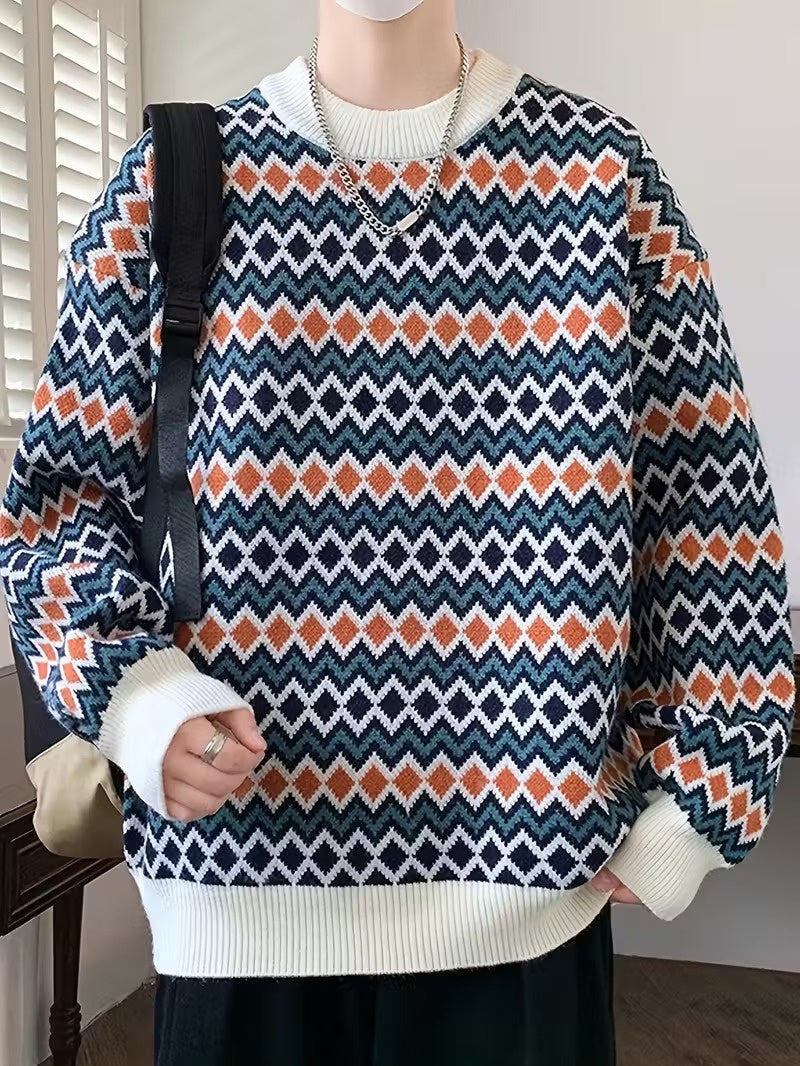 Men's Crewneck Sweater with Geometric Knit Pattern