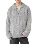 Men's Polo Collar Sweater with Cable Knit Pattern