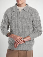 Men's Polo Collar Sweater with Cable Knit Pattern