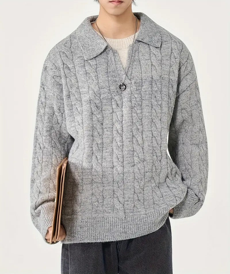 Men's Polo Collar Sweater with Cable Knit Pattern