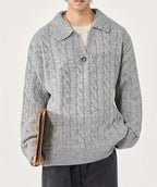 Men's Polo Collar Sweater with Cable Knit Pattern