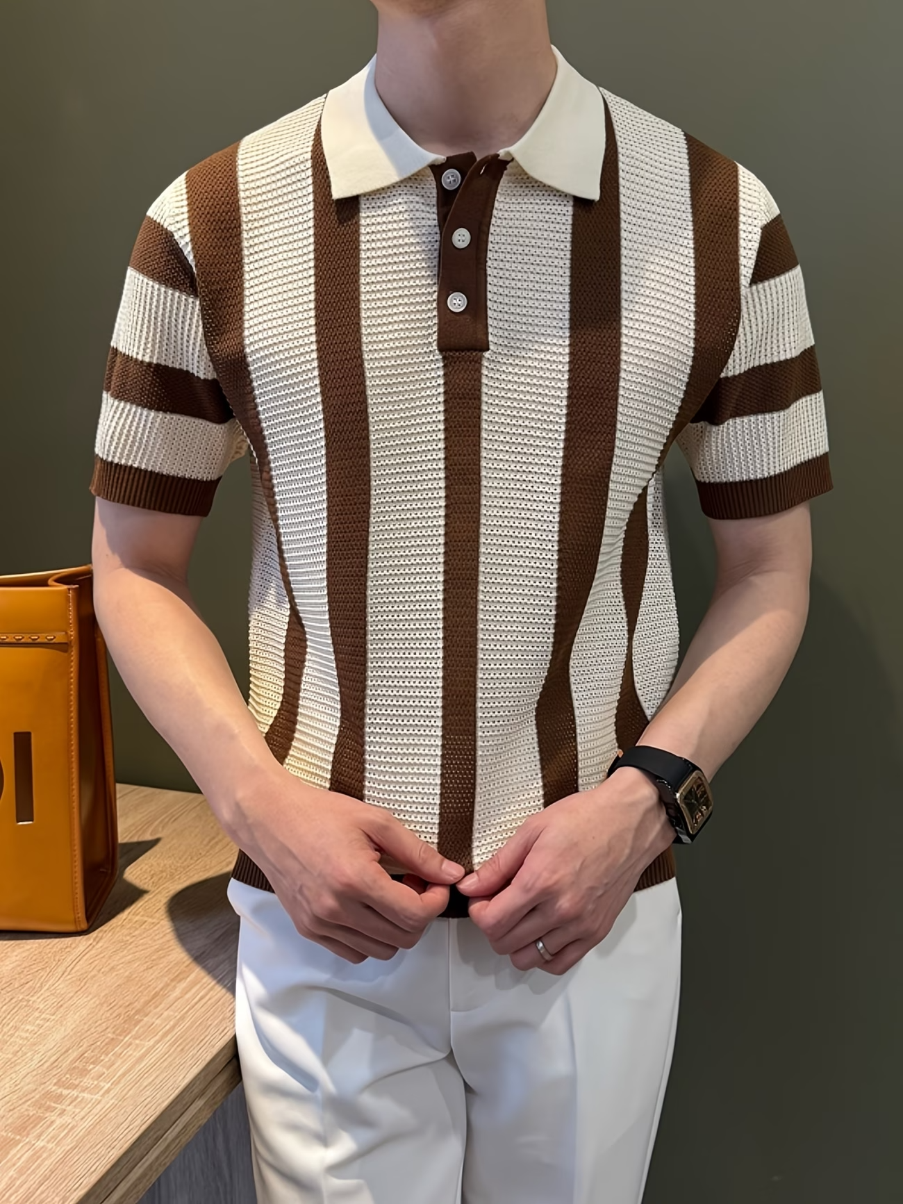 Men's Polo Shirt with Vertical Stripe Pattern