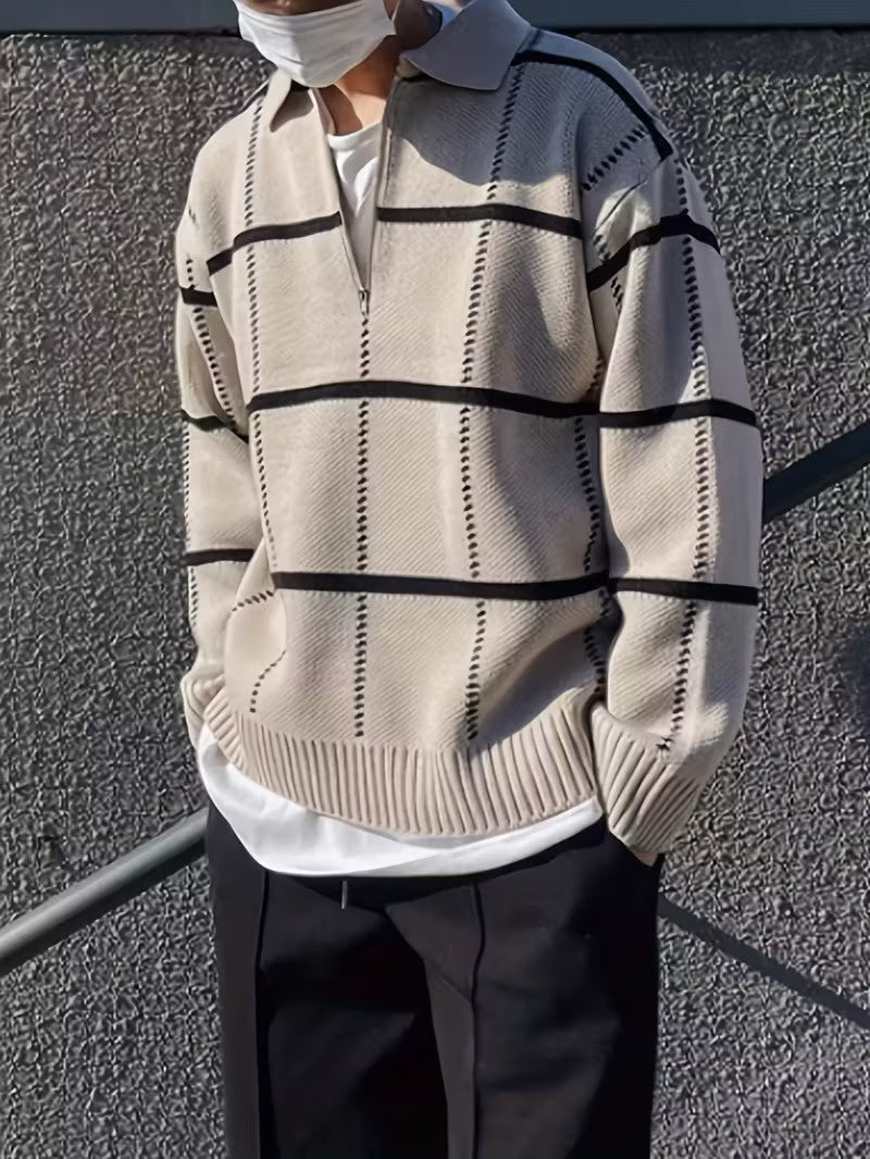 Men's Quarter-Zip Sweater with Striped Pattern