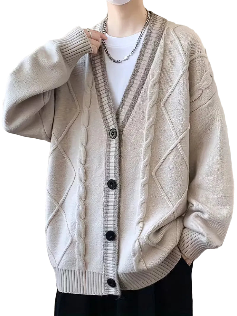 Men's V-Neck Cardigan with Cable Knit Pattern
