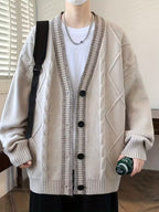 Men's V-Neck Cardigan with Cable Knit Pattern