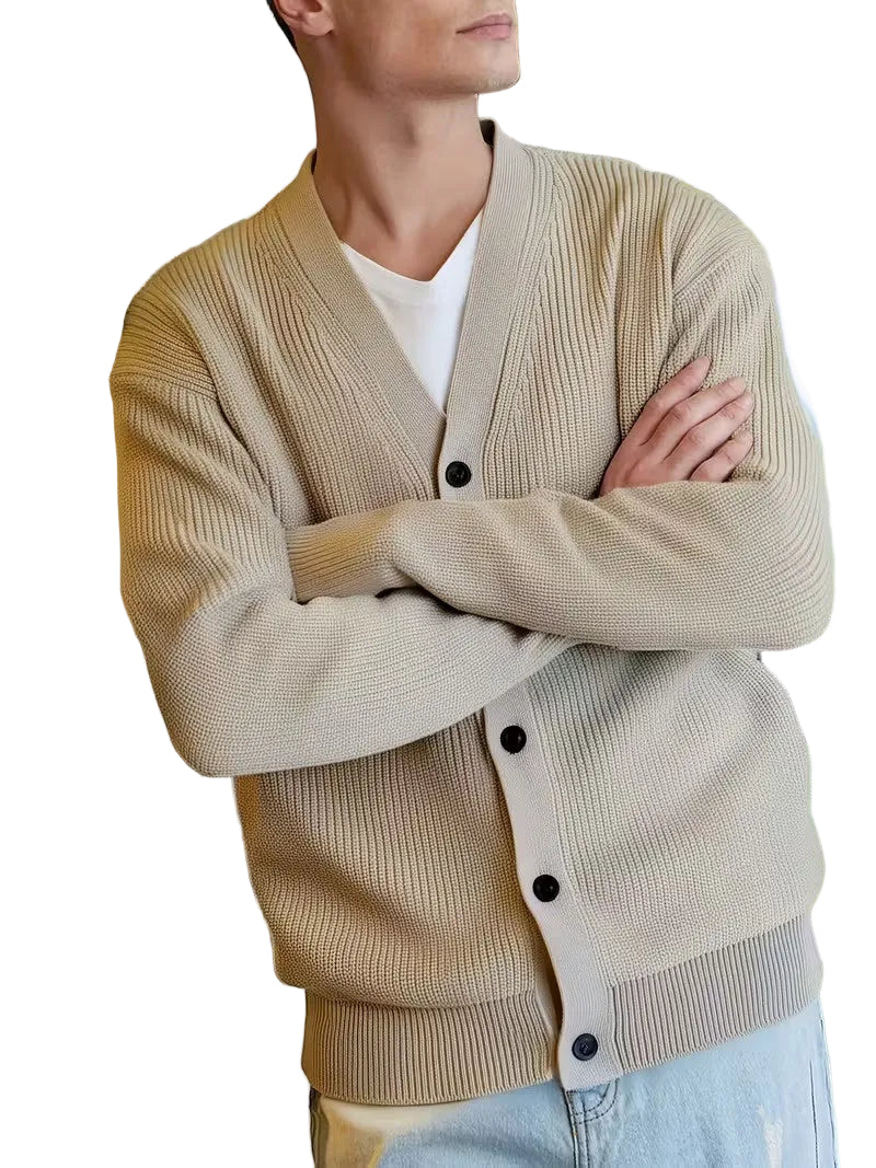 Men's V-Neck Cardigan with Ribbed Knit Texture